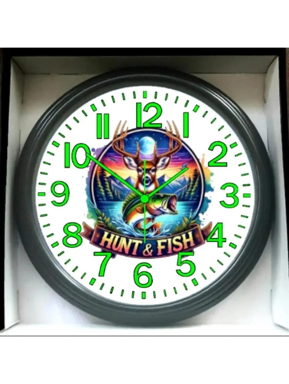 Hunting And Fishing Glow In The Dark Wall Clock New!